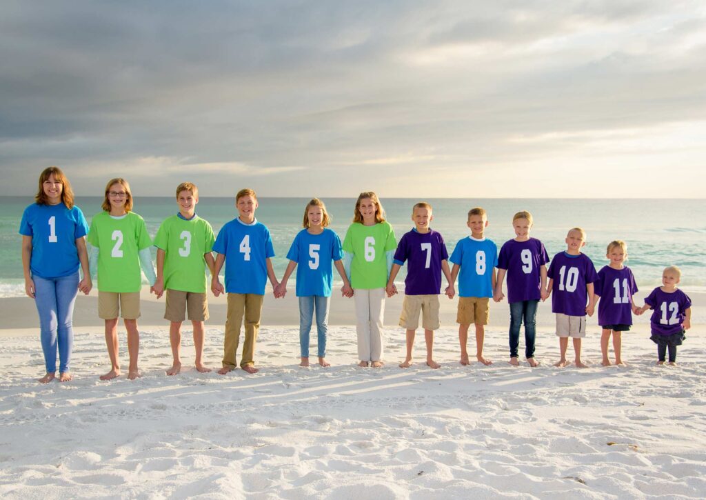 beach photo with numbered kids by our family reunion photographer