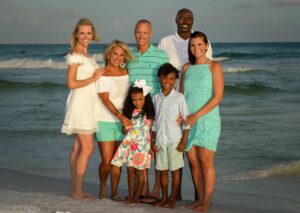 Family on the beach at sunset